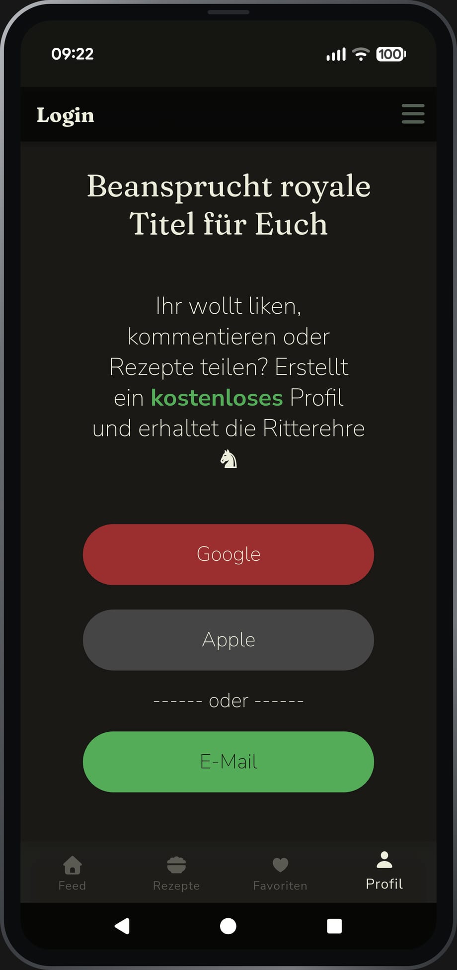 App-Ansicht: die Einladung, ein kostenloses Profil im Royal Food Club anzulegen